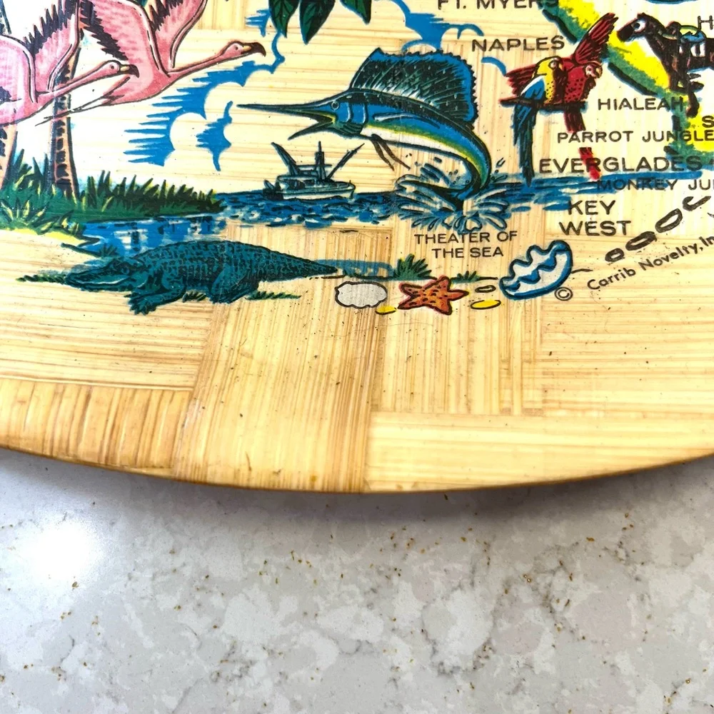 Vintage 70's Florida Souvenir Bamboo Oval Tray Collectible 16”x12” Beach Boho